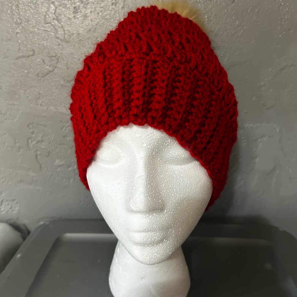 Adult crochet Petoskey beanie in Red